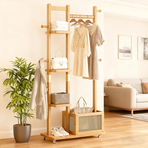 Solid Wood Clothes Rack with Wheels, Rolling Clothing Rack with 4 Shelves & 4 Hooks, Oak Coat Rack Freestanding Heavy Duty with Storage Basket, Coat Hanger Stand for Garment Bags Wallets Hats Shoes - color: Natural Wood