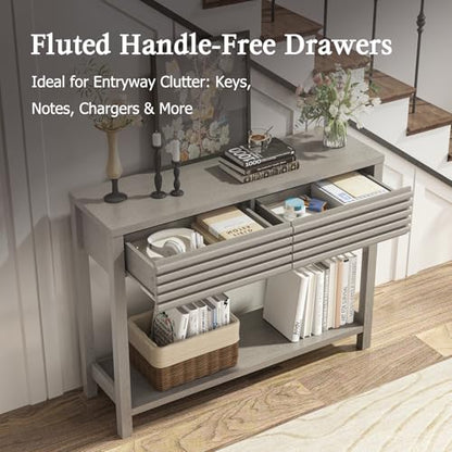 Ludatido Fluted Console Table for Entryway, 40'' Modern Small Entryway Table with Drawers, Storage Shelf, Narrow Wood Sofa Table for Living Room/Bedroom/Hallway Use (Oak Gray)