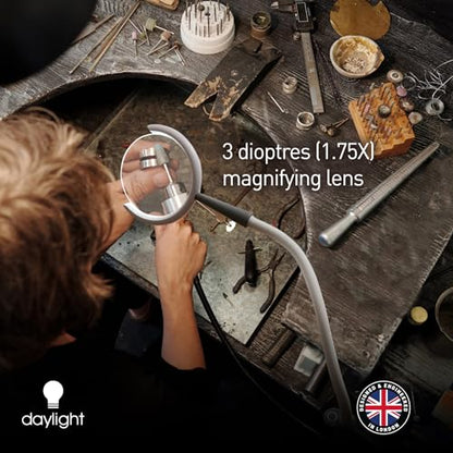 Daylight Company - Magnificent Pro - Magnifying lamp, Bright 6,000K Daylight LEDs, CRI 95+, 3 in 1 Lamp, 1.75X semi-Rimless Lens, Lumens: 600, White