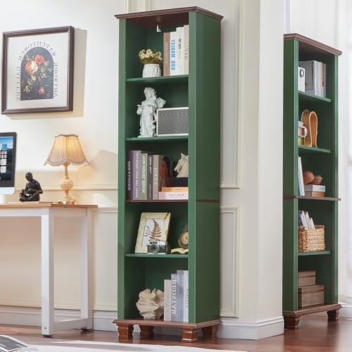 19.7" Wide Narrow Book Shelf, 5-tire Skinny Bookshelf with Adjustable Shelves & Solid Wood Legs, Farmhouse Freestanding Bookcase w/Storage, Tall Wood Book Case for Office,Living Room, Green - color: Green