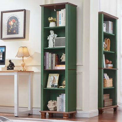 19.7" Wide Narrow Book Shelf, 5-tire Skinny Bookshelf with Adjustable Shelves & Solid Wood Legs, Farmhouse Freestanding Bookcase w/Storage, Tall Wood Book Case for Office,Living Room, Green - color: Green