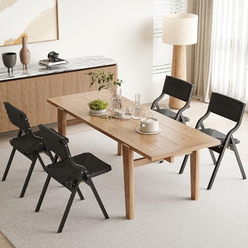 Wood Folding Chairs, Foldable Chairs Wooden Indoor Stackable Dining Chairs for Kitchen & Dining Room Chair Woven Seat & Webbing Back, Dining Chair Set of 2 - color: Black/Black, Woven Rope