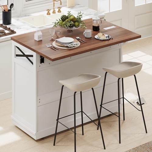 46.5'' Farmhouse Kitchen Island with Charging Station, Drop Leaf & Bead Drape - Mobile Rolling Cart, Ample Storage, Rustic Wood Grain Countertop for Compact Spaces (White+Brown) - color: White+brown)