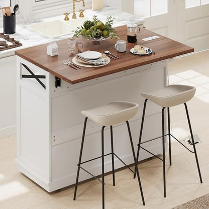 46.5'' Farmhouse Kitchen Island with Charging Station, Drop Leaf & Bead Drape - Mobile Rolling Cart, Ample Storage, Rustic Wood Grain Countertop for Compact Spaces (White+Brown) - color: White+brown)
