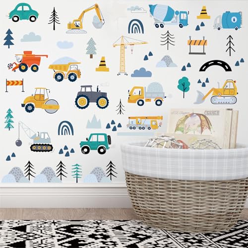 Construction Wall Stickers - 6 Sheets 90 Pcs Construction Themed Trucks Excavator Crane Wall Decals Peel and Stick Wall Decors for Kids Baby Bedroom Boys Room Nursery Playroom - color: Construction