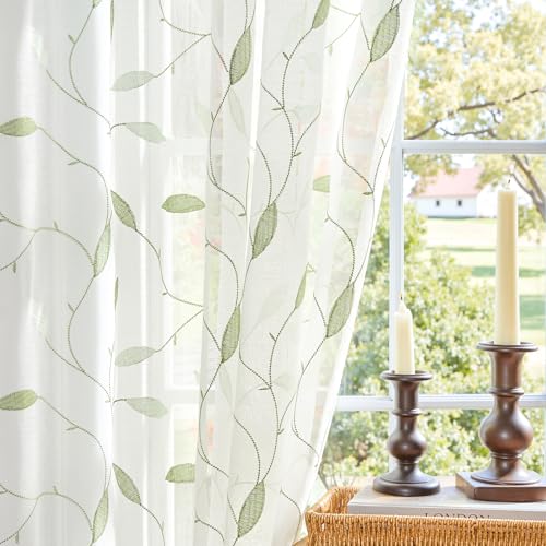 Sheer Curtains Embroidered Floral Leaf Voile Drapes for Bedroom Living Room Back Tabs Window Treatments 2 Panels 84 Inches Green on White - color: Green on White, size: 55"W x 84"L (Pack of 2)