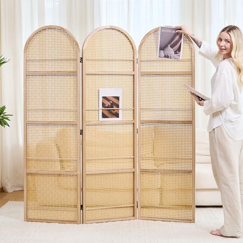 Rattan Room Divider with Bookshelf,Foldable Privacy Screen Partition,Wooden Frame,Natural Portable for Living Room,Bedroom Home,Office Reading Nook (Natural, 3 Panels) - color: Natural