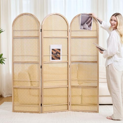 Rattan Room Divider with Bookshelf,Foldable Privacy Screen Partition,Wooden Frame,Natural Portable for Living Room,Bedroom Home,Office Reading Nook (Natural, 3 Panels) - color: Natural
