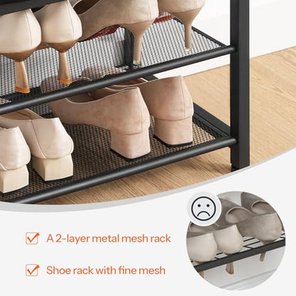 HOOBRO Small Shoe Bench, 3-Tier Shoe Rack, Shoe Storage Bench with PU Seat Cushion, Entryway Shoe Rack Bench with Metal Mesh Shelves, Freestanding Shoe Organizer for Hallway, Black BB33HX01 - color: Black