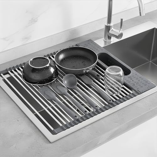 Roll Up Dish Drying Rack Over Sink, 17.5" x 15.2" Foldable SUS304 Stainless Steel Kitchen Dish Drainer, Heat-Resistant Multipurpose Rolling Sink Rack Organizer,Grey - size: Grey（17.5" X 15.2"）