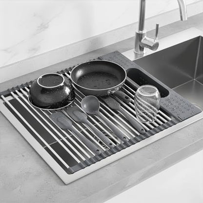 Roll Up Dish Drying Rack Over Sink, 17.5" x 15.2" Foldable SUS304 Stainless Steel Kitchen Dish Drainer, Heat-Resistant Multipurpose Rolling Sink Rack Organizer,Grey - size: Grey（17.5" X 15.2"）