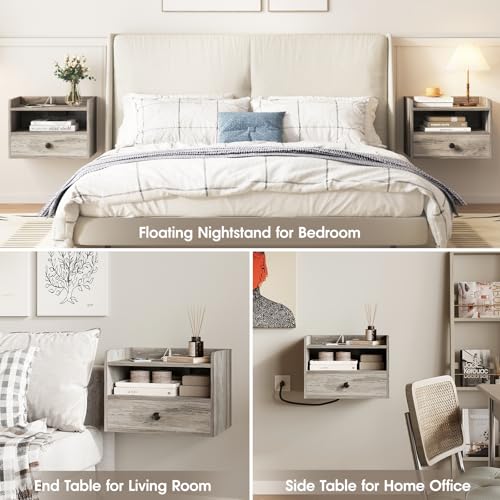 Floating Nightstand Set of 2 Modern Night Stands with Drawer and Open Shelf | Cubby Small Bedside End Table with Charging Station Wall Mounted Nightstands Set 2 for Bedroom Grey - color: Grey