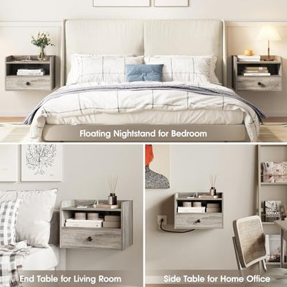 Floating Nightstand Set of 2 Modern Night Stands with Drawer and Open Shelf | Cubby Small Bedside End Table with Charging Station Wall Mounted Nightstands Set 2 for Bedroom Grey - color: Grey