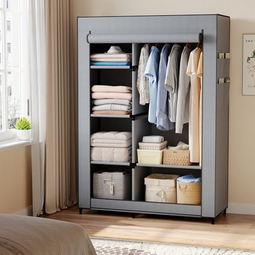 DUMOS Portable Wardrobe Closet with Cover, Freestanding Portable Garment Rack, Portable Closet Wardrobe for Clothes Storage, Clothes Organizer for Bedroom, Dorm, Apartment, Gray.