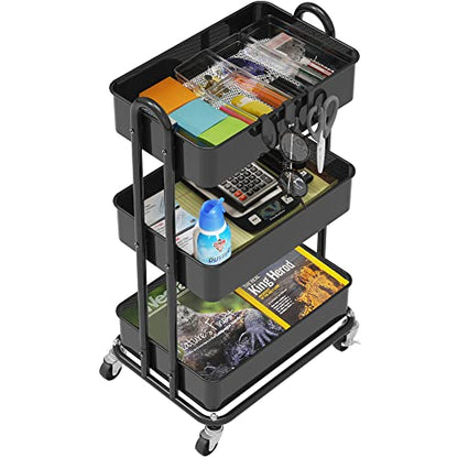 Simple Houseware 3-Tier Heavy Duty Metal Utility Rolling Cart, Black - color: Black