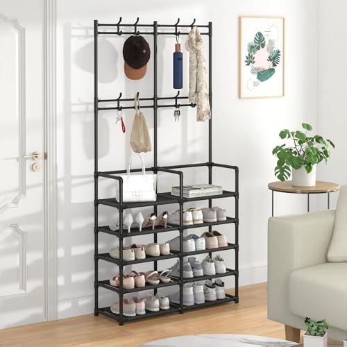 Laiensia 5-Tier Entryway Coat Rack, Coat and Shoe Rack, Entryway Bench Storage Organizer with 8 Hooks for Bedroom, Hallway, Office, Black - color: Black