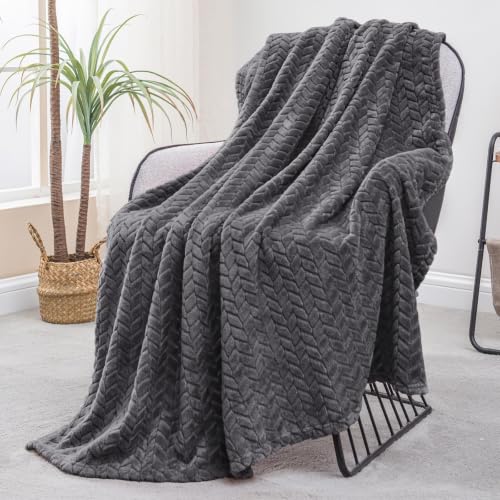 Exclusivo Mezcla Dark Grey Fleece Throw Blanket for Couch and Bed, 50x70 Inches Soft Cozy 3D Decorative Jacquard Flannel Blankets, Lightweight Fuzzy Plush Warm Throws for All Seasons | Oversized Soft Cozy Fluffy Blankets for Summer, Decorative Plush Flann