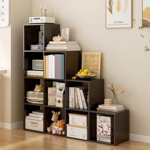 Ladder Cube Storage Bookcase, 10-Cube Corner Shelf, Black | Wooden L-Shaped, Reversible 4-Tier Organizer, Fits 11×11" Bins, For Home & Office - color: Black, size: 10-Cube