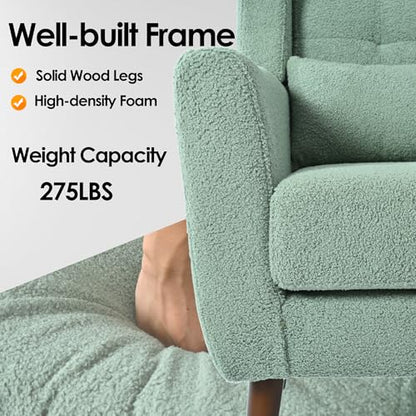 Accent Chair, Living Room Chairs with Solid Wood Legs & Pillow | Chairs Living Room with High Tufted Backrest, Reading Chair for Bedroom/Office, Teddy Fabric - color: Light Green(a)