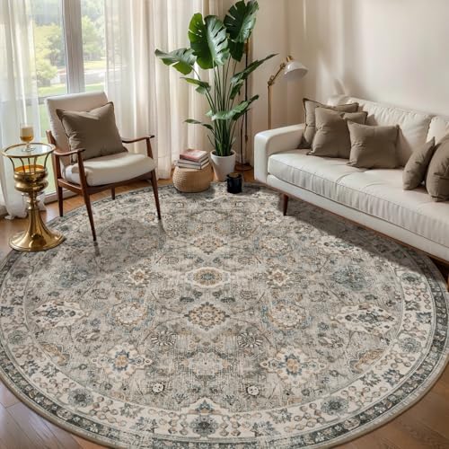 Tangsoo Round Rug 6ft Washable Circle Rug Non Slip,Vintage Beige Round Rug | Boho Farmhouse Floral Circular Rugs,Soft Low Pile Grey Round Carpet for Living Room Bedroom,Kitchen,Office,Dinning Room Dorm - color: Distressed Beige Grey, size: 6' X 6' (Round)