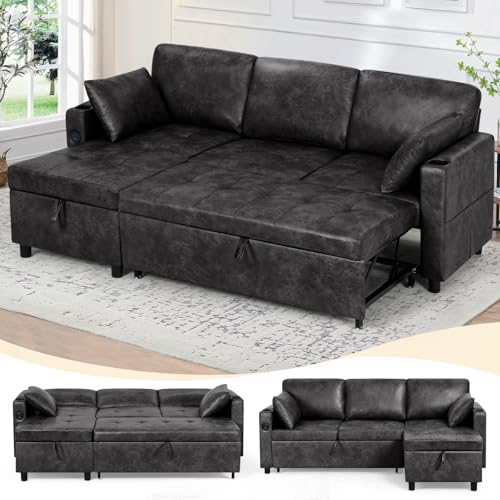 84" Suede Leather Pull Out Sofa Bed w/Adjustable Backrest, Black | Sectional Sleeper Couch w/Storage Chaises and Armrest Pillows, U-Shape Sofa Bed w/USB Port for Living Room - color: Black, size: 84"