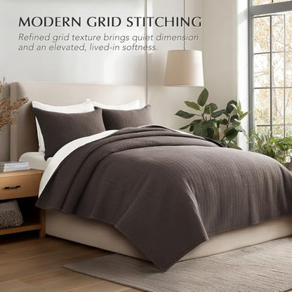 100% Cotton Modern Grid Stitch Quilt Set, King Size, Dark Brown | Pre-Washed Cotton Coverlet Bedspread, Oversized Lightweight 3-Piece Bedding Set for All Season, with 2 Pillow Shams - color: Dark Brown, size: King (110" X 94")