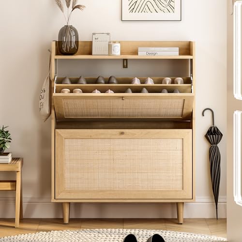 Rattan Shoe Cabinet with 2 Flip Drawers, Mid Century Modern Shoe Organizer, Boho Wooden Hidden Slim Narrow Shoe Rack Cabinet for Entryway, Hallway, Natural Oak - size: 2-Drawers（1 PC）