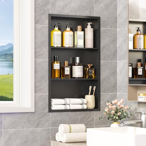 14x24 Recessed Medicine Cabinet, Bathroom Wall Cabinet, 304 Stainless Steel Recessed Wall Niche with 3-Tiers Shelves, Matte Black - color: Matte Black, size: 14'' x 24''