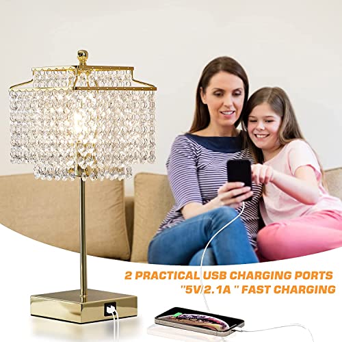 Luvkczc Set of 2 USB Bedside Crystal Table Lamp Gold, Touch Control Lamp, Dimmable Lamp with Crystal Shade for Bedroom, Living Room, 6W LED Bulb Included - color: Gold, 2 Pack
