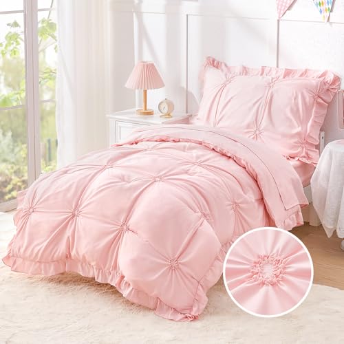 Princess Toddler Bedding Set for Girls, 4 Piece Ruffles Jacquard Embroidery Toddler Bed Sheets with Boho Toddler Comforter, Fitted Sheet, Flat Sheet and Pillowcase, Pink - color: Pink, size: Toddler