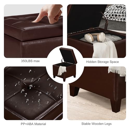 Storage Ottoman, 17" Fuax Leather Square Tufted Footrest Stool with Hinged Lid & Wooden Legs, Extra Seat or Coffee Table for Living Room, Bedroom, Entryway, Tan Brown - color: Tan Brown Leather