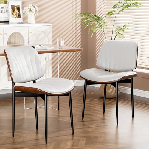 YaFiti Mid Century Dining Chairs Set of 2 with Walnut Bentwood, White | Ergonomic Walnut Backrest, Upholstered Waterproof PU Leather Seat, Stable Metal Legs, Adjustable Footpads, Apartment Friendly - color: White Scallop
