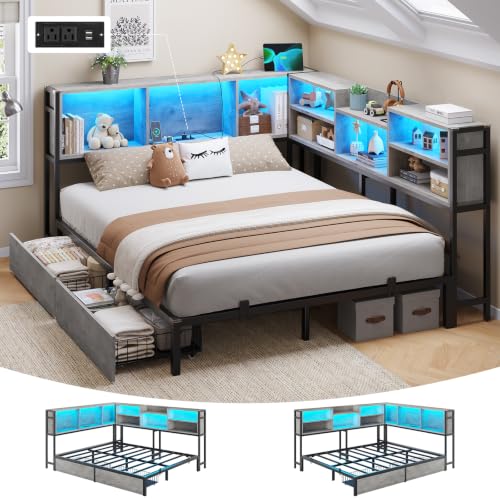 DICTAC Corner Queen Bed Frame with Storage Bookcase and 2 Drawers, Queen Size Corner Platform Bed Frame with LED Lights and Charging Station, Metal Daybed for Teens/Adult, Saving Space, Oak Gray - color: Oak Gray, size: Queen
