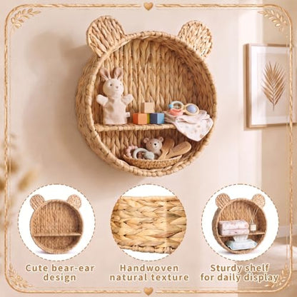 Bear Nursery Wall Shelf Decor Boho Rattan Wicker Floating Shelves Handwoven Natural Rattan Hanging Organizer Storage Basket for Small Books Toys Nursery Bathroom Living Room Bedroom Corner - style: Bear