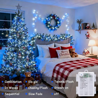 JMEXSUSS 2 Pack Blue and White Battery String Lights, Each 33ft 100 LED | Battery Powered Christmas Lights with Remote for Outside Party Birthday - color: Blue&White, size: 2*100LED