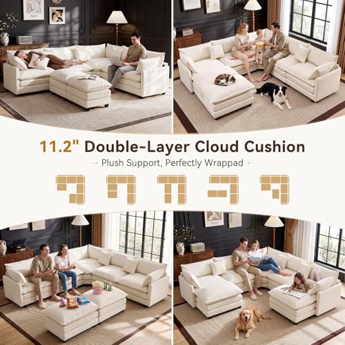 110" Modular Sectional Cloud Sofa Couch V Shape with 2 Ottoman, Beige | 3 Layer Cushion, 6 Washable Pillows, 29" Deep Seat, Chenille Fabric, for Living Room Apartment - color: Beige, size: 110"V-2