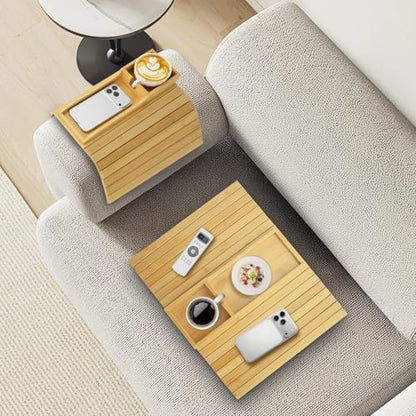 RETON 2 Pack Bamboo Couch Armrest Tray with Sofa Cup Holder, Anti-Slip Foldable Couch Arm Tray Table Organizer for TV Remote Drinks Cups Cellphone Snacks