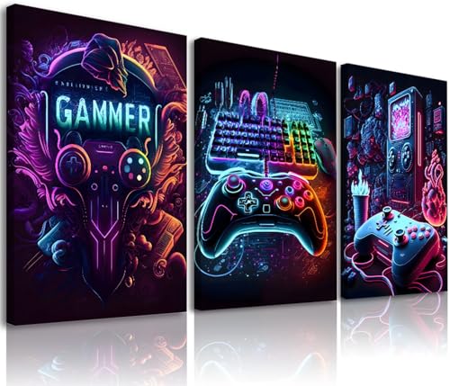 Gaming Room Decor-Video Gaming Theme Wall Art Framed,Gaming Wall Decor Video Game Poster for Boys Room Neon Gamepad Headphones Canvas Art Prints Cool Boys Bedroom Decor Wall Art,12x16inch - color: Cool Gaming, size: 12x16inchx3pcs