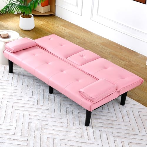 67" Futon Sofa Bed, Convertible Leather Futon Couch (Pink) | Sleeper Bed Couches with Adjustable Backrest, Cup Holders, Comfy Folding Loveseat Couch for Small Spaces Living Room Office - color: Pink