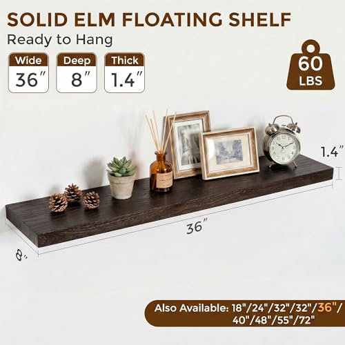 Dreamland 36 Inch Long Floating Shelves Set of 2, Rustic Solid Elm Wood Floating Shelf Wall Mounted, 8 Inch Deep Wooden Wall Shelves for Living Room, Bedroom, Bathroom, Kitchen, Walnut - color: Walnut, size: Flat Edge - 36"L