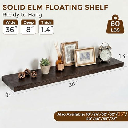 Dreamland 36 Inch Long Floating Shelves Set of 2, Rustic Solid Elm Wood Floating Shelf Wall Mounted, 8 Inch Deep Wooden Wall Shelves for Living Room, Bedroom, Bathroom, Kitchen, Walnut - color: Walnut, size: Flat Edge - 36"L