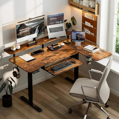 59 Inch L Shaped Standing Desk with Shelves and Keyboard, Electric Corner Standing Desk Adjustable Height, Sit Stand Computer Table with Reversiable Splice Board，Rustic Brown