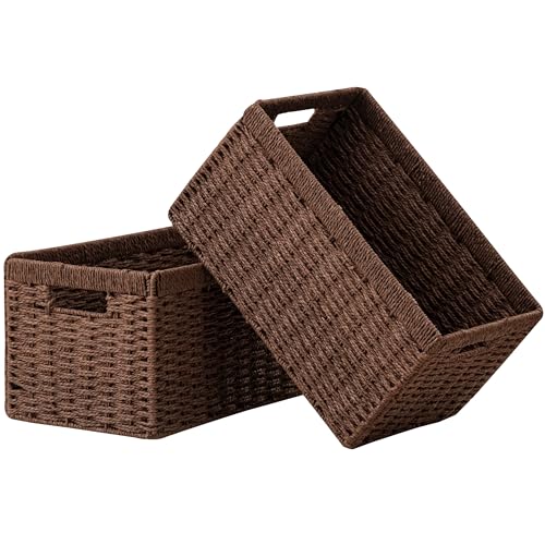 UBBCARE 2 Pack Wicker Basket, 13.4L×8.3H×7.1W inch Woven Paper Rope Storage Baskets for Shelves, Foldable Rectangular Storage Baskets with Handle, Storage Basket for Organizing, Dark Brown - color: Dark Brown, size: Rectangular- 2pack 13.4"×8.3"×7.1"