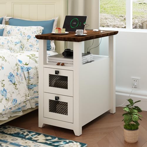 HDDDZSW Farmhouse XXL End Table with Charging Station, Narrow Side Table with USB Ports and Outlets, Nightstand with 2 Drawers Storage, Bedside Tables for Living Room, Bedroom, Rustic Walnut White - color: White