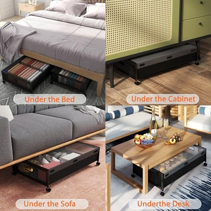 Under Bed Storage with Wheels, Rolling Underbed Storage Organizer, Heavy Duty Under Bed Storage for Clothes, Blankets and Bedding, Low Profile Underbed Container, Black