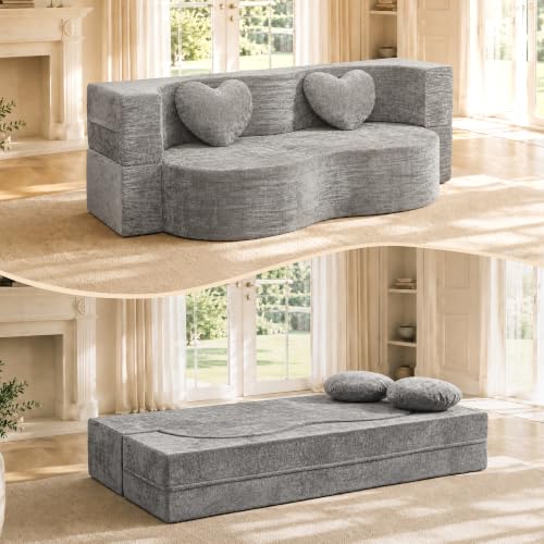 Convertible Folding Sofa Bed, 2-in-1 Floor Couch and Mattress,Modern Boneless Loveseat Sleeper in a Box for Small Spaces, No Assembly Foam Futon with 2 Pillows for Living Room (Silver Gray, 39.37"W) - color: Silver Gray, size: 39.37"W
