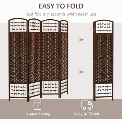 HOMCOM 4 Panel Room Divider, Folding Privacy Screen, 5.6', Brown | Room Separator, Wave Fiber Freestanding Partition Wall Divider - color: Brown, size: 4 Panel
