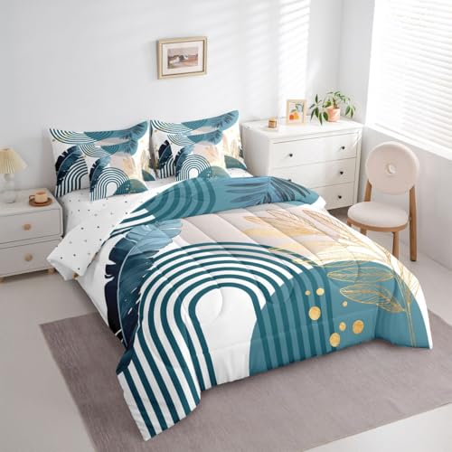 Erosebridal Boho Mid Century Comforter Set 7 Piece Twin Size Deep Teal and Gold Bedding Set for Women Adult Teens Kid Sun Geometric Rainbow Bed in A Bag Modern Minimalist Leaves Sheet Sets - color: Deep Teal, size: Twin