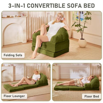 wanan Folding Sofa Bed, 3-in-1 Convertible Boneless Couch with Handle, Floor Lounger & Sleeper Chair for Adults, Comfy Folding Couch Single Sofa for Living Room Bedroom, Green - color: Green