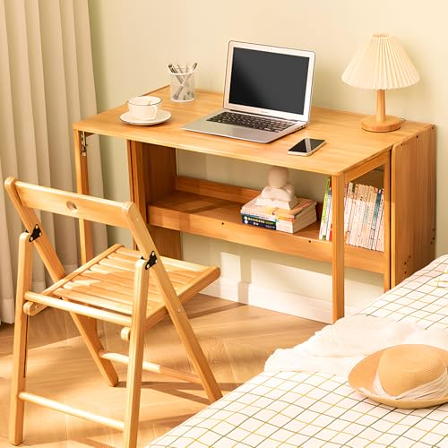 Bamboo Folding Desk Mid Century Modern Desk for Home Office Bedroom Small Spaces，Natural - color: Natural, size: 21.65"D x 32.68"W x 29.92"H